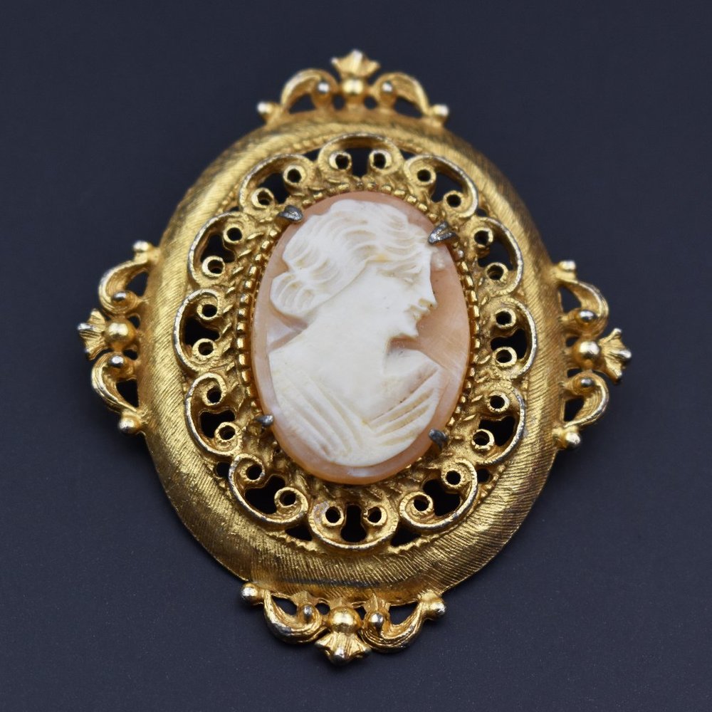 Hand carved shell lady cameo pin, accent signed Florenza collar pin